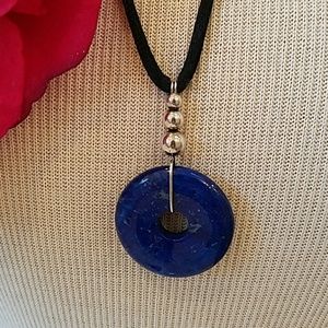 Lapis disc with silver balls on a silk necklace